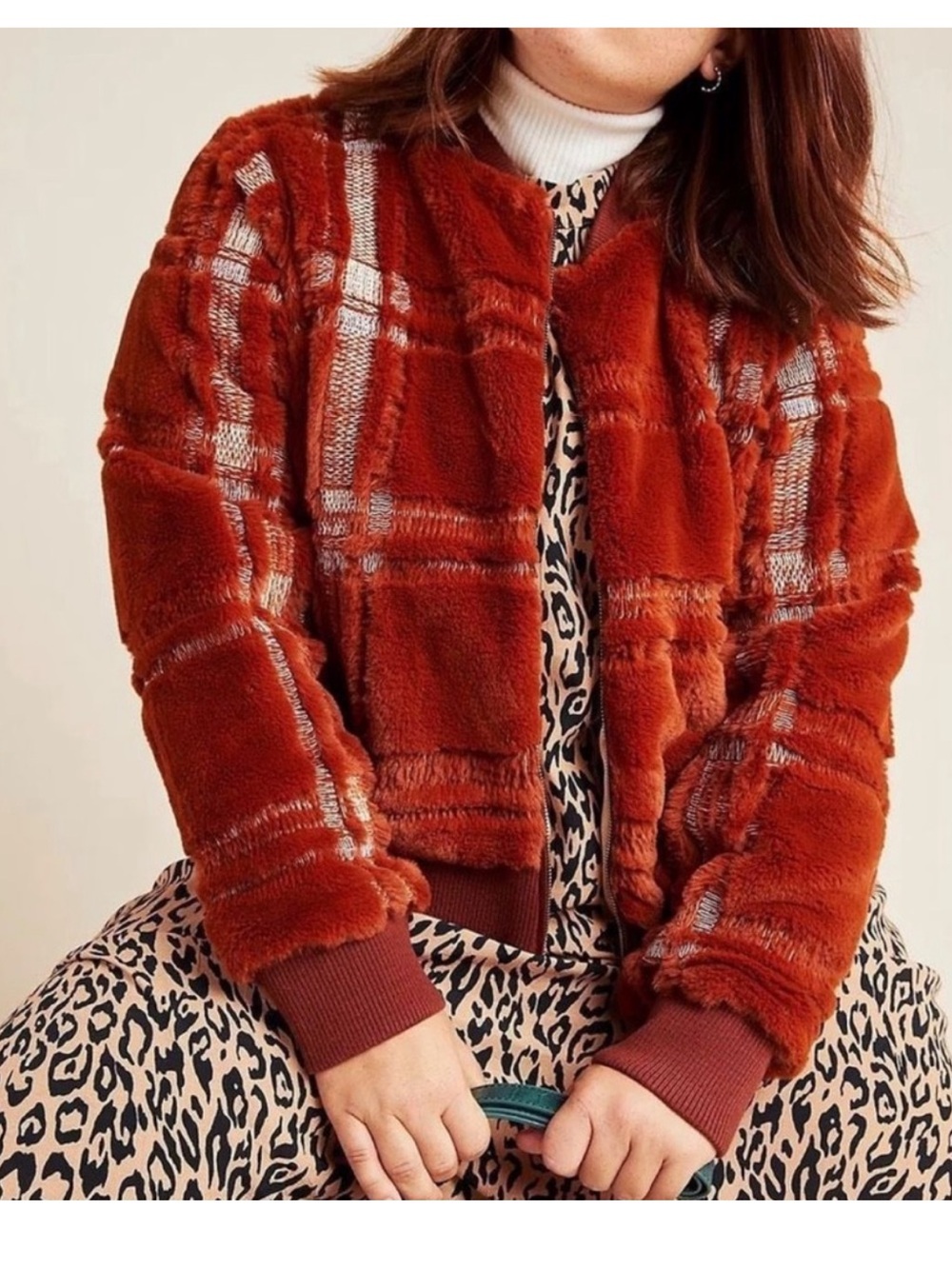 Anthropologie Rust Plaid Faux-Fur Bomber Jacket